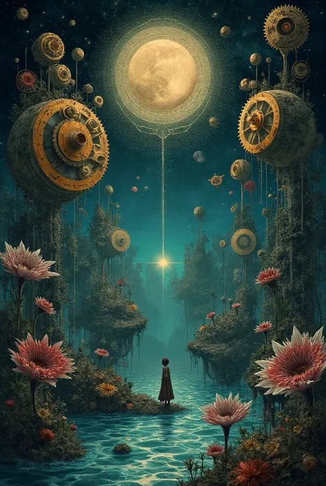 A surreal dreamscape where colossal, clockwork gears float amidst a sea of liquid moonlight. Strange, geometric flora grows from...