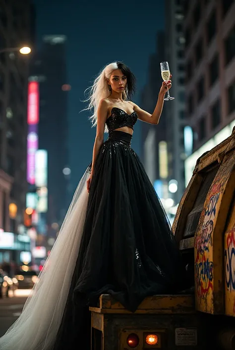8K fashion photo shoot, spectacular half-platinum hairstyle, half black, model in a black and white two-tone evening dress: on o...