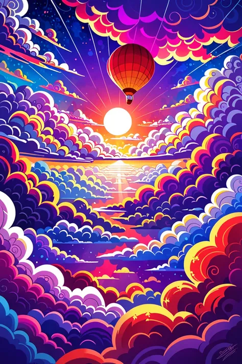 Scene of a hot air balloon flying above the clouds, seen from a distance, sky with vibrant shades of red, orange and pink, dense...