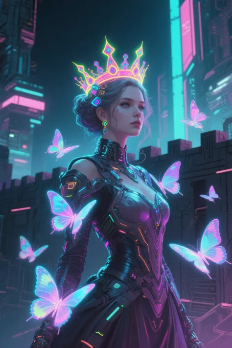 「is a sci-fi cyberpunk princess wearing a neon colored crown、I'm exploring the theme。hologram butterflies dance around her。drawn...
