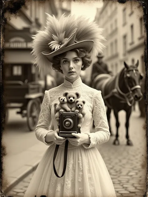 : A vintage glass plate photograph with authentic film grain, light scratches, and soft sepia tones from the early 1900s. It sho...