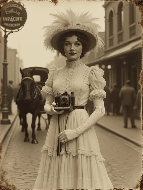 A vintage glass plate photograph with authentic film grain, light scratches, and soft sepia tones from the early 1900s. It featu...