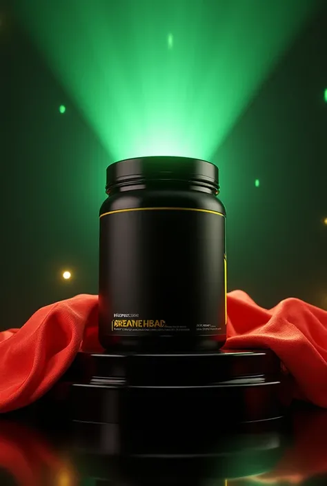 A cinematic ultrarealistic render of a sleek matte black creatine jar with bold yellow accents, placed at the center of a glossy...