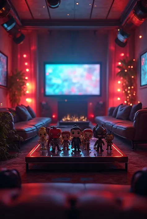 Créer moi un décor avec des leds, des projecteurs de cinema, un meuble avec des funko pops, un univers de cinéma. Format 16.9