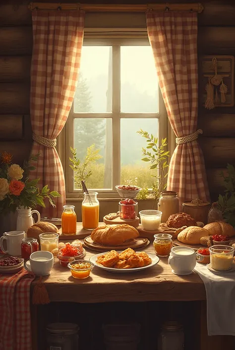 in a log cabin, The table is full of honey, homemade jams, rustic bread and fresh milk. The sun shines through the checkered cur...