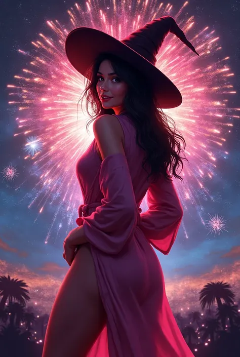 (masterpiece after sex, Top Quality:1.2), 1 woman,  solo/ Fireworks Show､Pink bathrobe ､pink witch hat，sexy､lift your shoulders