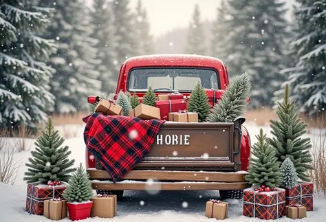 A charming winter Christmas scene with a vintage red truck loaded with wrapped gifts and small Christmas trees, covered with a r...
