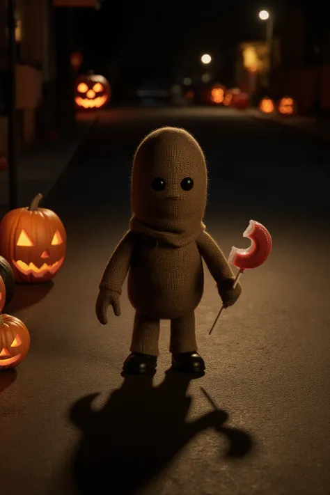 Alone de 'Trick 'r Treat' em uma Noite de Halloween": Alone,  the small figure with a burlap sack covering his face and holding ...