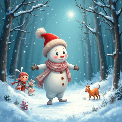 Un bonhomme de neige souriant avec des yeux bleus brillants et un chapeau de lutin rouge, debout dans une forêt enneigée sous de...