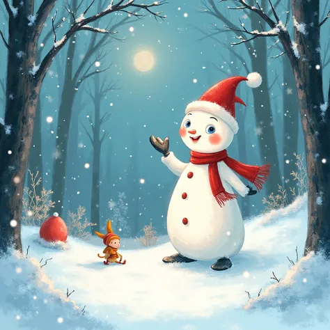 Un bonhomme de neige souriant avec des yeux bleus brillants et un chapeau de lutin rouge, debout dans une forêt enneigée sous de...