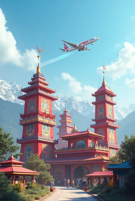 Nepal flag shaped buildings in town flying jet in sky.