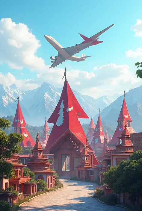 Nepal flag shaped buildings in town flying jet in sky.