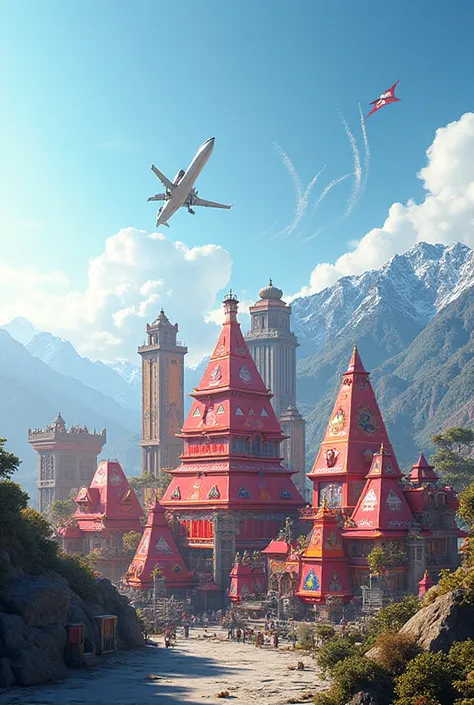 Nepal flag shaped buildings in town flying jet in sky.