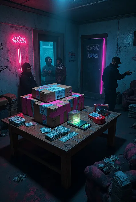 Hyperrealistic album cover art of a gritty trap house interior at night. A beat-up wooden table sits in the middle of the room, ...