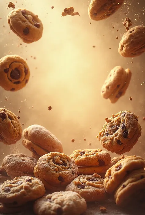 A flyer/poster for the sale of cookies and cinnamon rolls with the baked goods flying around the space but leave a blank area to...