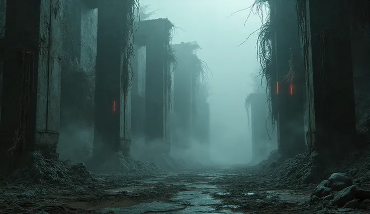 "Decayed cyberpunk ruins, towering broken steel pillars and cracked concrete walls covered in ash, faint neon lights flickering ...