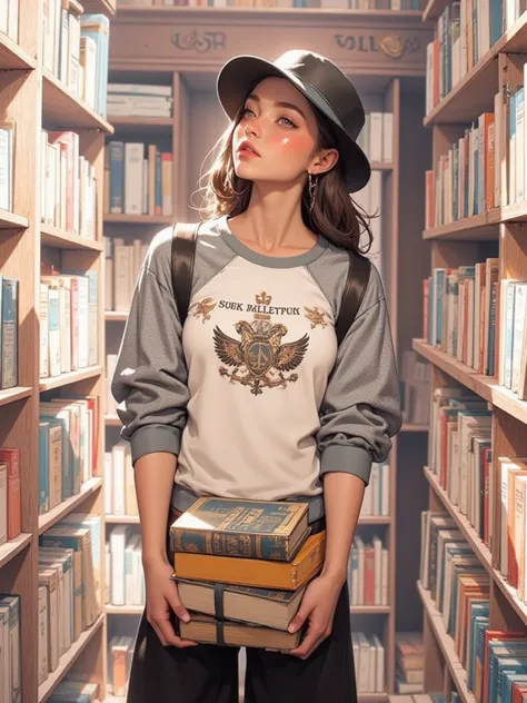 Beautiful woman walking with lots of books in the library、Bookshelves lined up