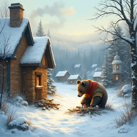 atmospheric view of a snowy village, a bear in a warm sweater is chopping wood at an old hut, chimney smoke, Winter forest in th...