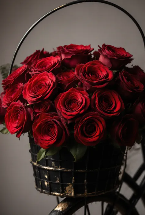 detailed red roses flower Bouquet,in an old bicycle basket from 1945, beautiful and unique black color, 
