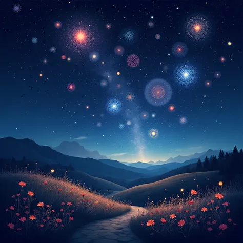 Craft a mesmerizing vector illustration of a "Flower Galaxy" nightscape. Envision a scene where the night sky explodes with cele...