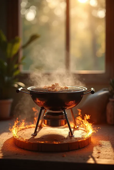A premium barbecue kit placed on a wooden base in a cozy home leisure area. Soft matte background, natural and relaxed environme...