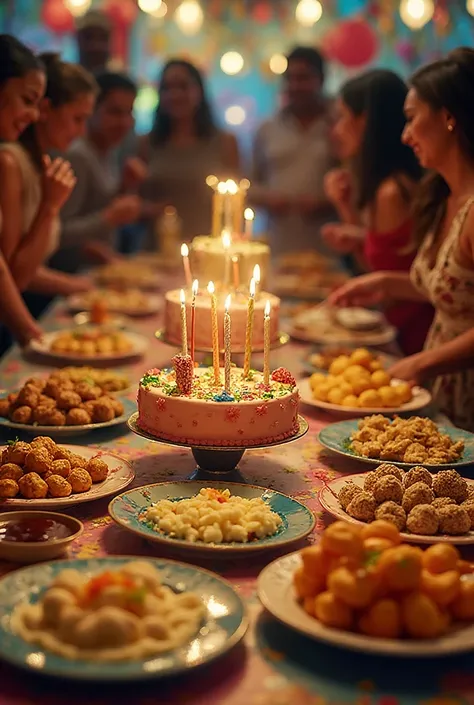 Create a video of a party with glovos: a birthday cake, Pasapalos Tequeños, meat balls, empanaditas and sauces 