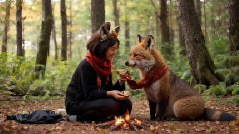 In a quiet forest clearing during early autumn, a tanuki and a fox sit side by side on a mossy log, sharing roasted sweet potato...