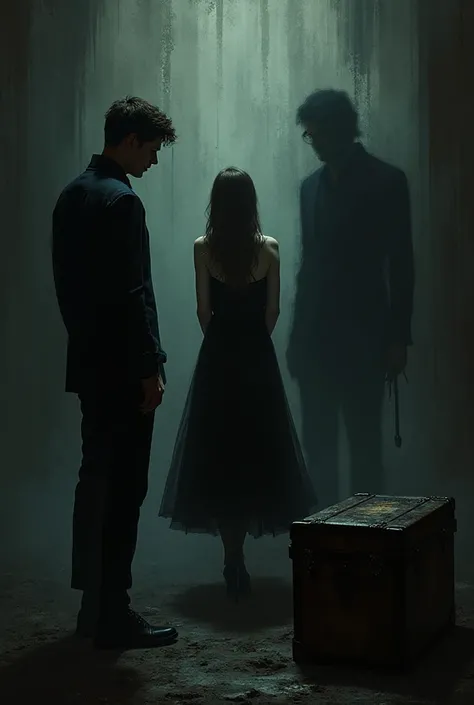The girl from the back in a black dress with a trunk ,next to the man from the back and next to him the shadow of another man