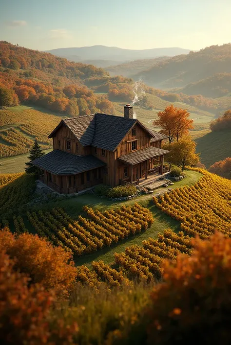 Press house on the vineyard hill in autumn