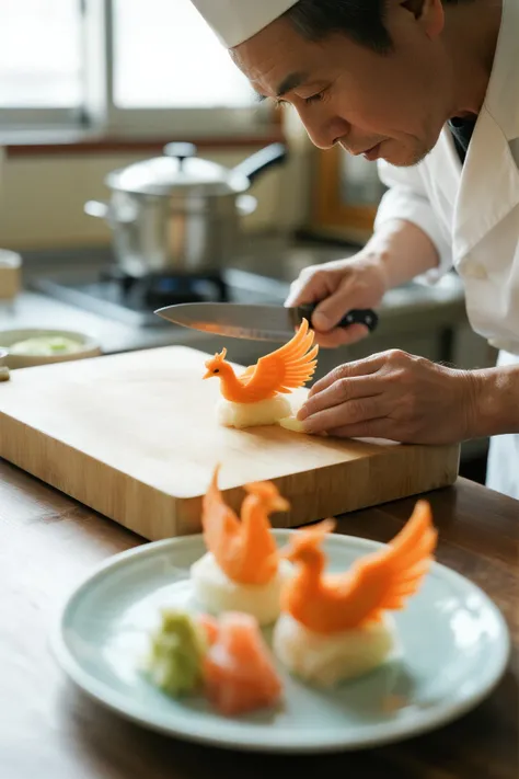 Highest Quality、Japanese cooking kitchen、A middle-aged Japanese cook uses a blade knife to make phoenixes from vegetable decorat...