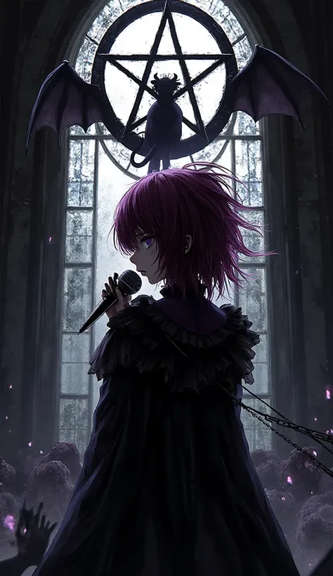 masterpiece:1.2, best quality, a black pentagram circle, standing, close up, portrait, upper body, holding microphone, spotlight...