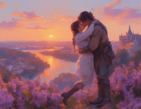 Romantic fantasy scene on a hill covered in thick clusters of pink-violet lilacs at sunset. A man with dark hair partially tied ...