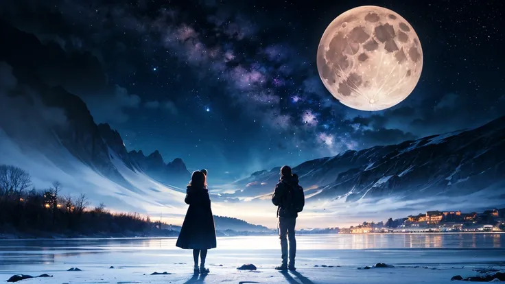 top quality,Big moon and shadow,people can be seen against the big moon,There is one full moon,There is a mood,Beautiful Scenery...