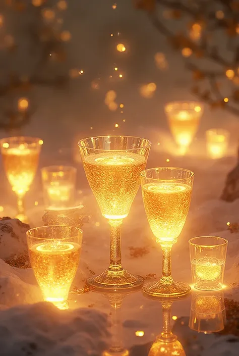 
"Glowing golden cups and crystal goblets filled with heavenly drinks, shining with light, elegant and divine, ultra-detailed 3D...