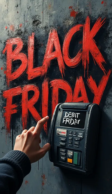 "BLACK FRIDAY" graffiti bold letters, debit card machine with hand paying, urban style, 8K.