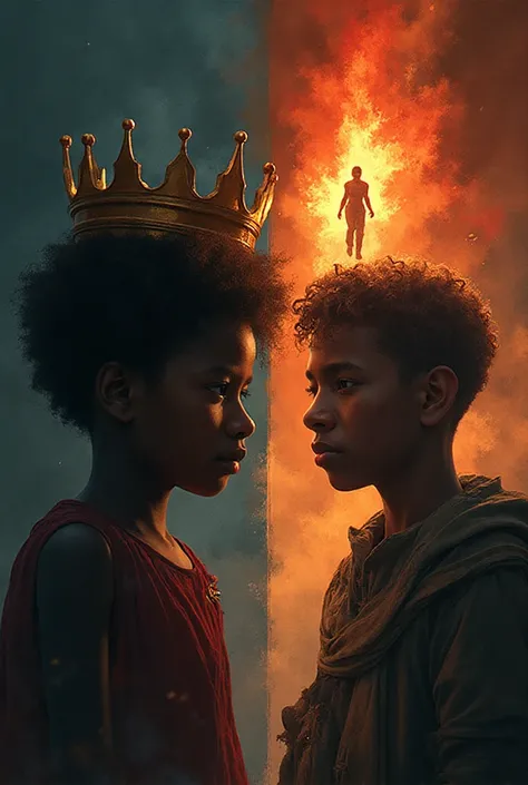 
10. Final Message
A child oppressed under a crown on the left, a young leader rising with fire in his eyes on the right, iki sa...