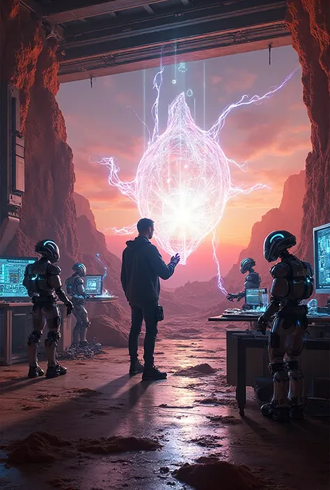 Um artista, in his futuristic studio, he creates sculptures using light, with assistant robots around him, in a setting of sunse...