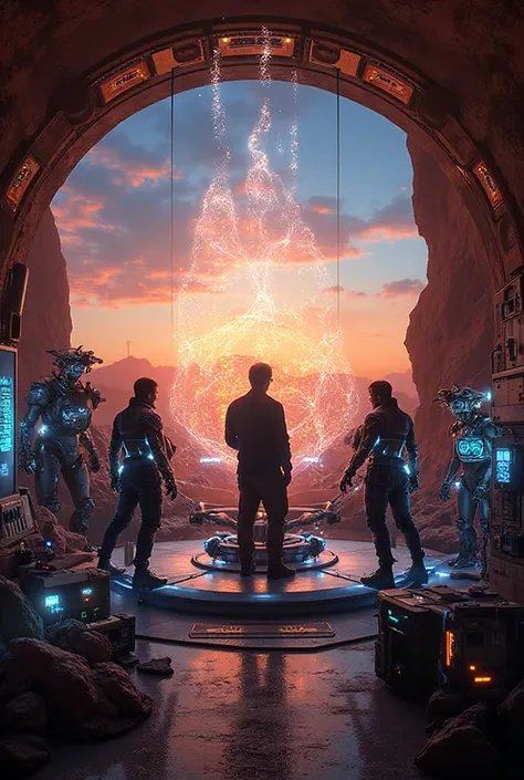 Um artista, in his futuristic studio, he creates sculptures using light, with assistant robots around him, in a setting of sunse...