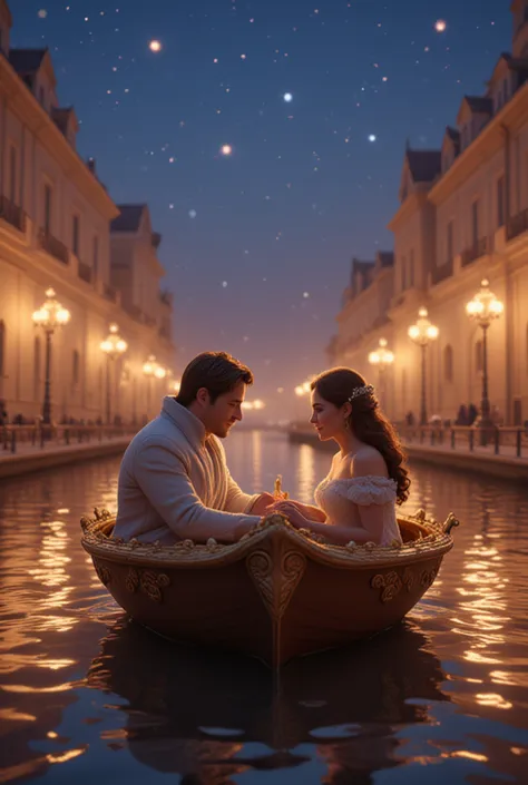 This is a high-quality image of a prince and princess sitting on a big boat on a romantic date. the boat floating in the river ,...