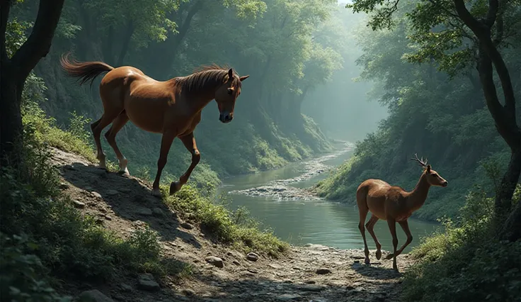 On the stony path, the horse slipped and stumbled, but the deer moved ahead carefully. At the swamp, the horse sank, while the d...