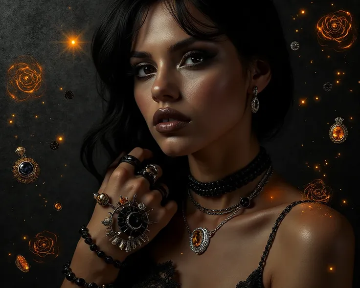 A dark yet elegant promotional poster for female jewelry and emo accessories. The background is textured black with hints of shi...