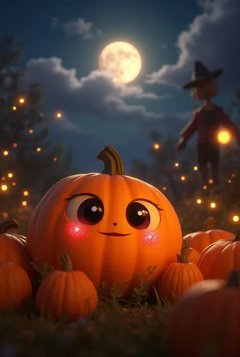 A heartwarming Pixar-style animated close-up of a cute pumpkin with oversized sparkling kawaii eyes and soft pink rosy cheeks, n...
