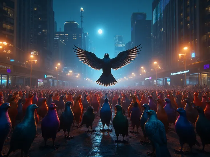 diverse birds in an urban environment rehearsing for a coral, Ultra-realistic image, night lighting.