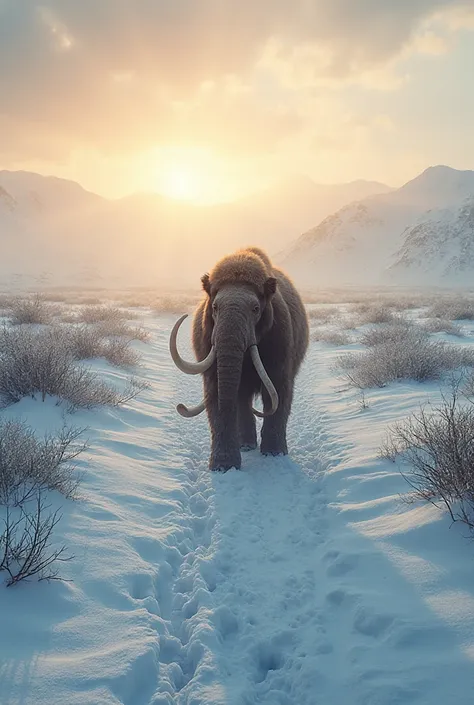 "An ancient Ice Age landscape, snowy tundra with herds of majestic woolly mammoths roaming. Slowly, the climate begins to warm, ...
