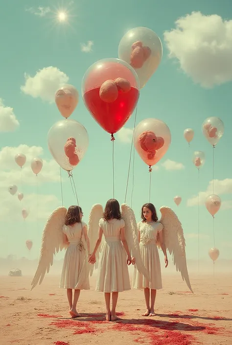 Angel girls carry balloons in their hands.  Each globe is filled with a red liquid in which there is a human fetus. In the sky t...