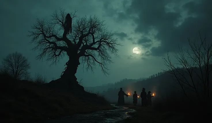 the view of a macabre hill in a town, a twisted tree,very high, Dry and up the tree a skinny and terrifying witch with ragged cl...