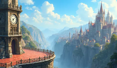Fantasy medieval city on a cliff, inspired by JRPG style, detailed environment with stone buildings, clock tower with large cloc...