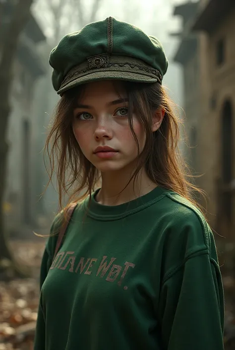 A girl with light brown hair wearing a green sweatshirt with a shako and she has a Russian Ww1 kepi