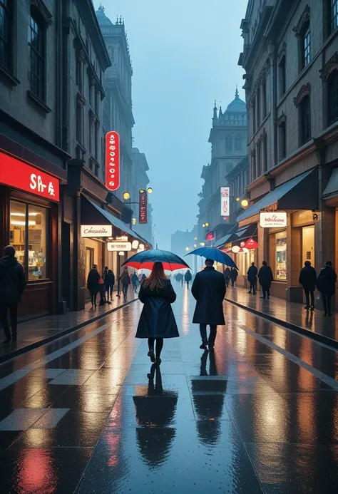 City Street on gray weekdays — people in coats walking on wet asphalt, a dim rainy day, ordinary cars, cafe signs and bus stops....