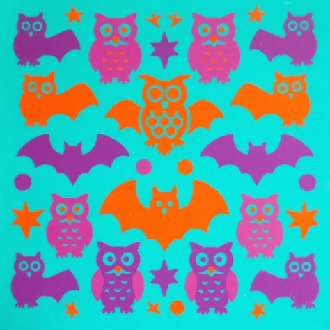 owl and bat repeated symmetric pattern, stencil style, easy to cut version, vivid colors,